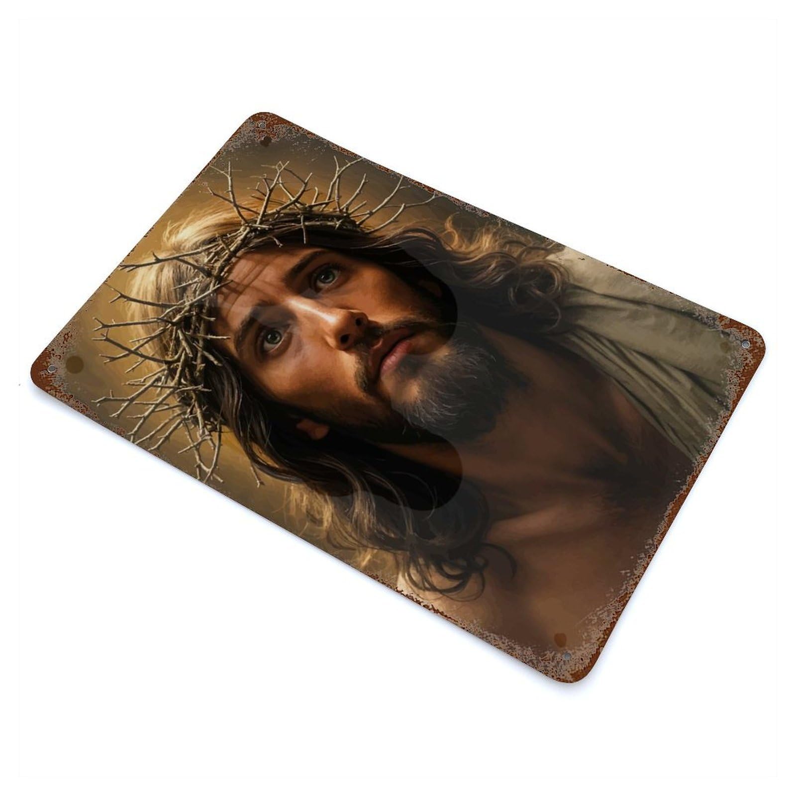 Garage Style Jesus And The Crown of Thorns Rust Effect Tin Sign 11.8"x7.9", Classic Wall Plaque for Bar And Workshop
