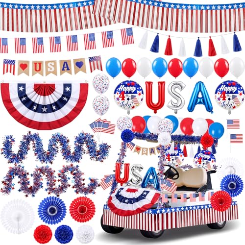 MiniInflat 4th of July Golf Cart Decorations Kit Patriotic Parade Decor with Pleated Fan Flag Foil Fringe Garland Paper Fans Small Flags for 250th Anniversary Independence Day(Independence Day)