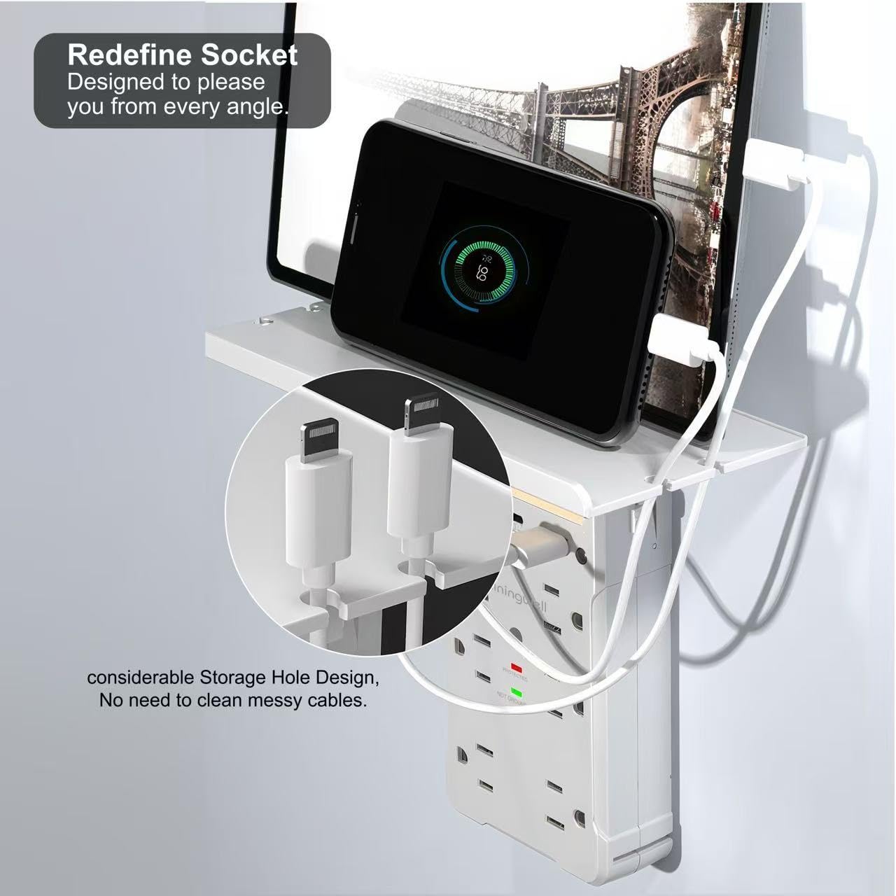 Surge Protector, Multi Plug Outlet, Estensore Presa a Muro con Luce Notturna e Ripiano, Espansore Spina di Alimentazione, (2A +1C), Caricatore da Parete USB, Presa di Alimentazione