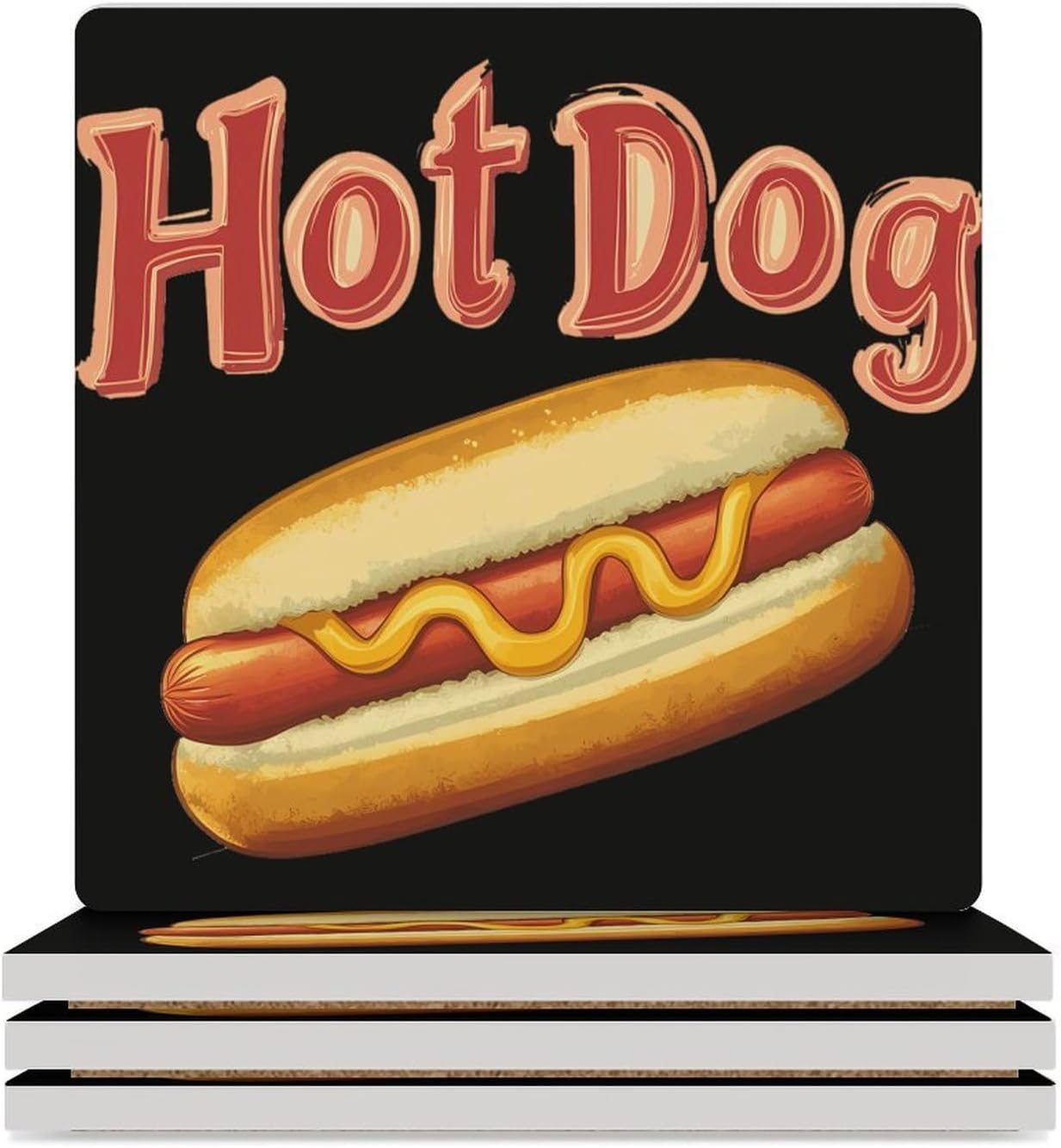 Hot Dog Shop Ceramic Coasters Set Square Drink Coasters Table Coaster for Kitchen Desktop Decor