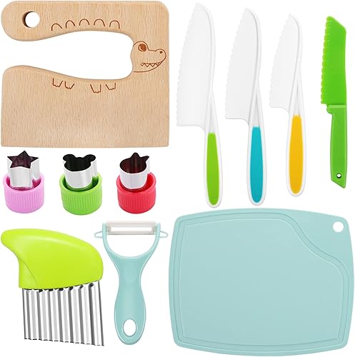 Juego de cuchillos para niños, juego de cuchillos seguros para niños pequeños, cuchillos seguros para cocina real, bordes dentados, utensilios de
