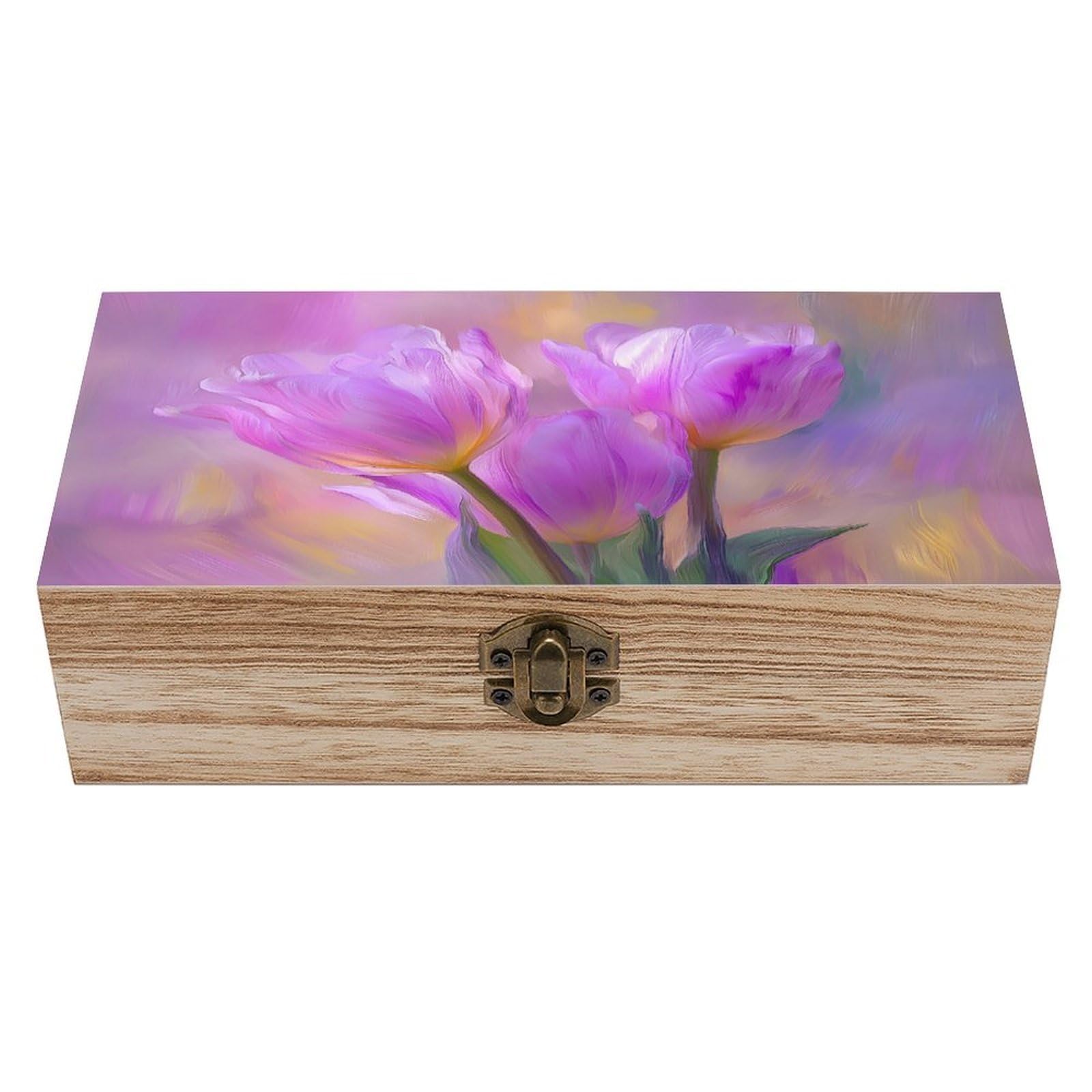 asbwuo Pink And Purple Tulips Wooden Storage Box with Hinged Lid