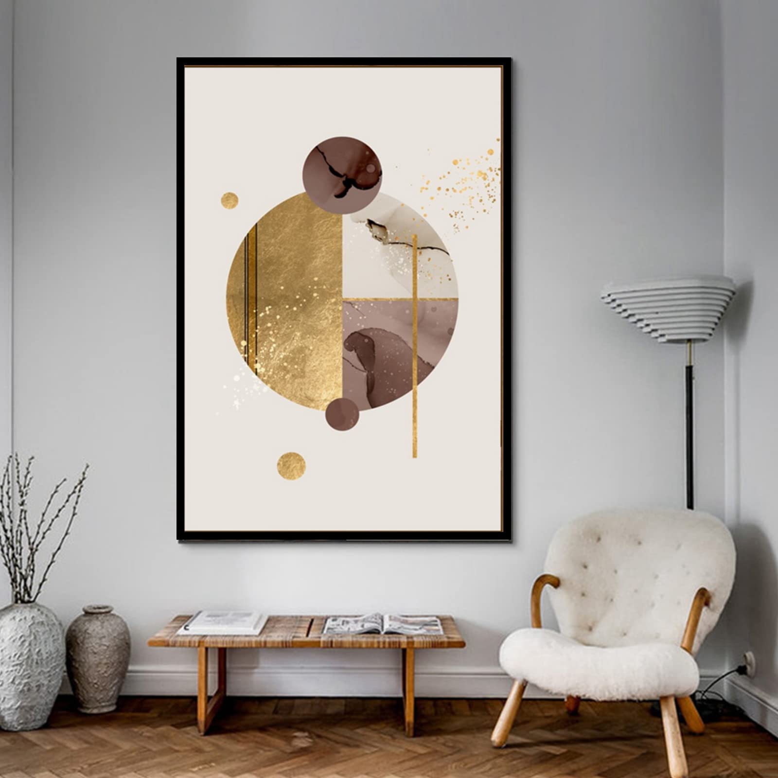 Tableau Toile Géométrique Abstrait - 40x60 Cm - Motif Marbre Noir Et Blanc Avec Doré - Sans Cadre