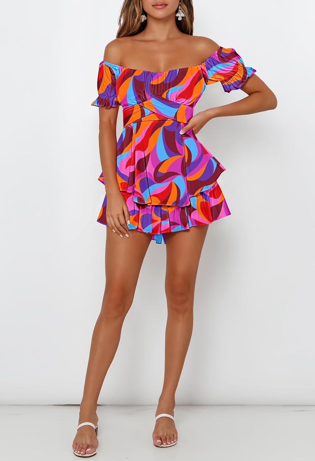 Fixmatti Women's Color Block Romper Off The Shoulder Short Sleeve Ruffle Jumpsuits Playsuit - Image 2