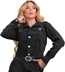 Jaqueta Jeans Feminina Com Bolsos Cargo Black