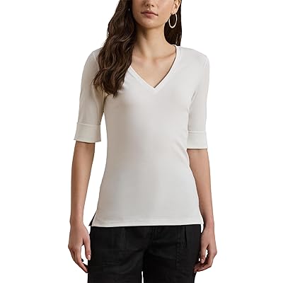 Lauren Ralph Lauren Stretch Cotton Elbow Sleeve V Neck T Shirts Women