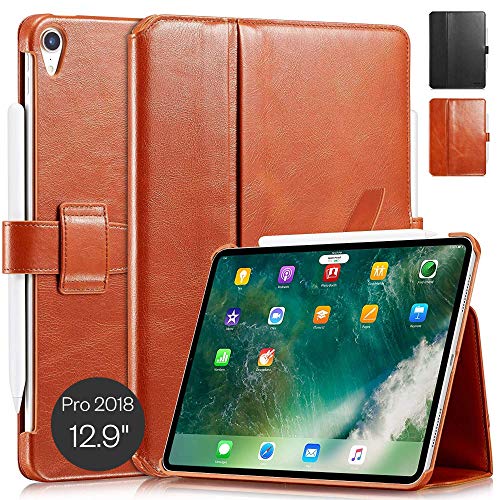 KAVAJ Case Leather Cover London Works with Apple iPad Pro 12.9" 2018 Cognac-Brown Genuine Cowhide Leather with Pencil Holder Supports Apple Pencil Slim Fit Smart Folio