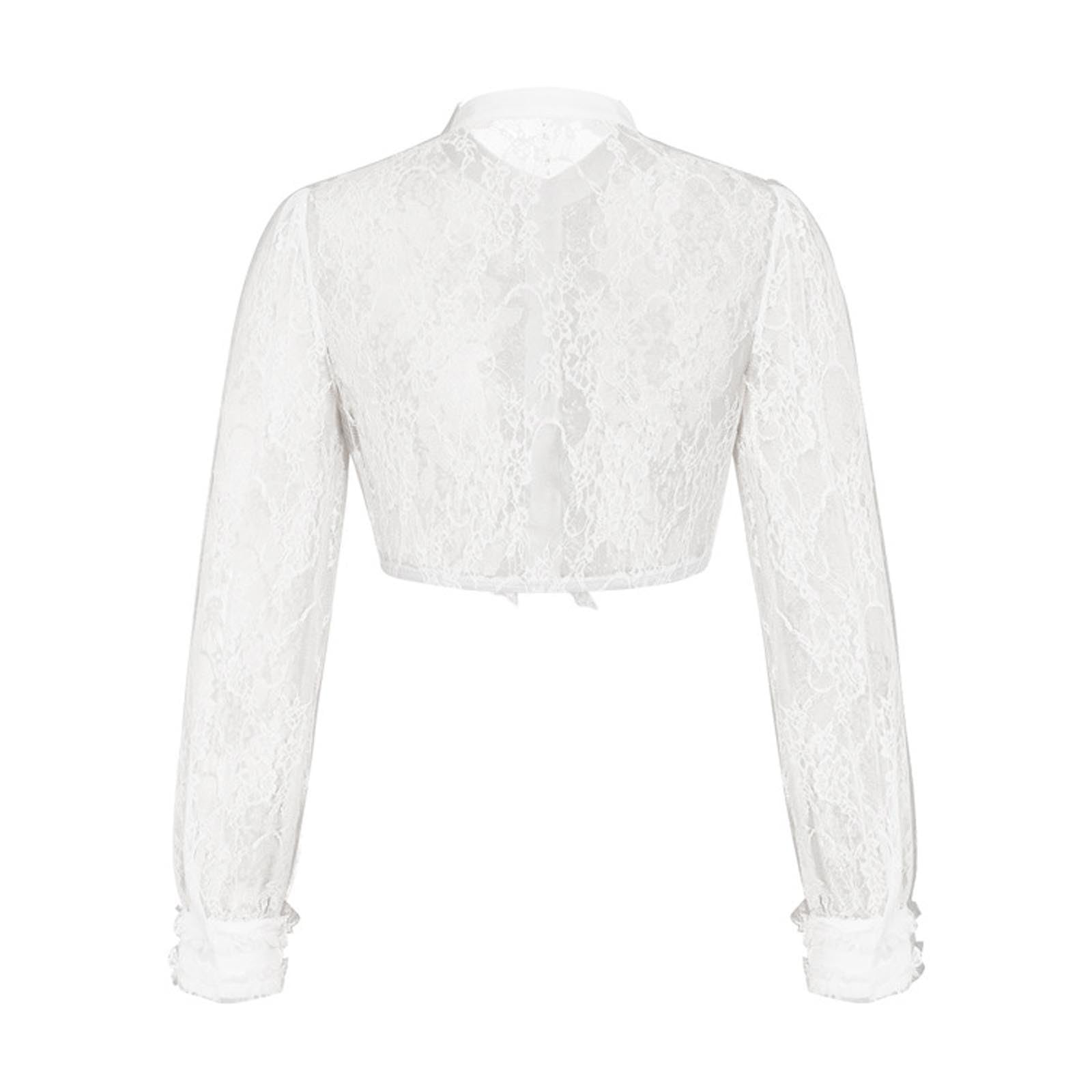 Generisch Camicetta tradizionale da donna con maniche ad aletta, in pizzo trasparente, elegante, con bordo in pizzo sulla parte superiore, scollo curvo in raso, versatile e formale