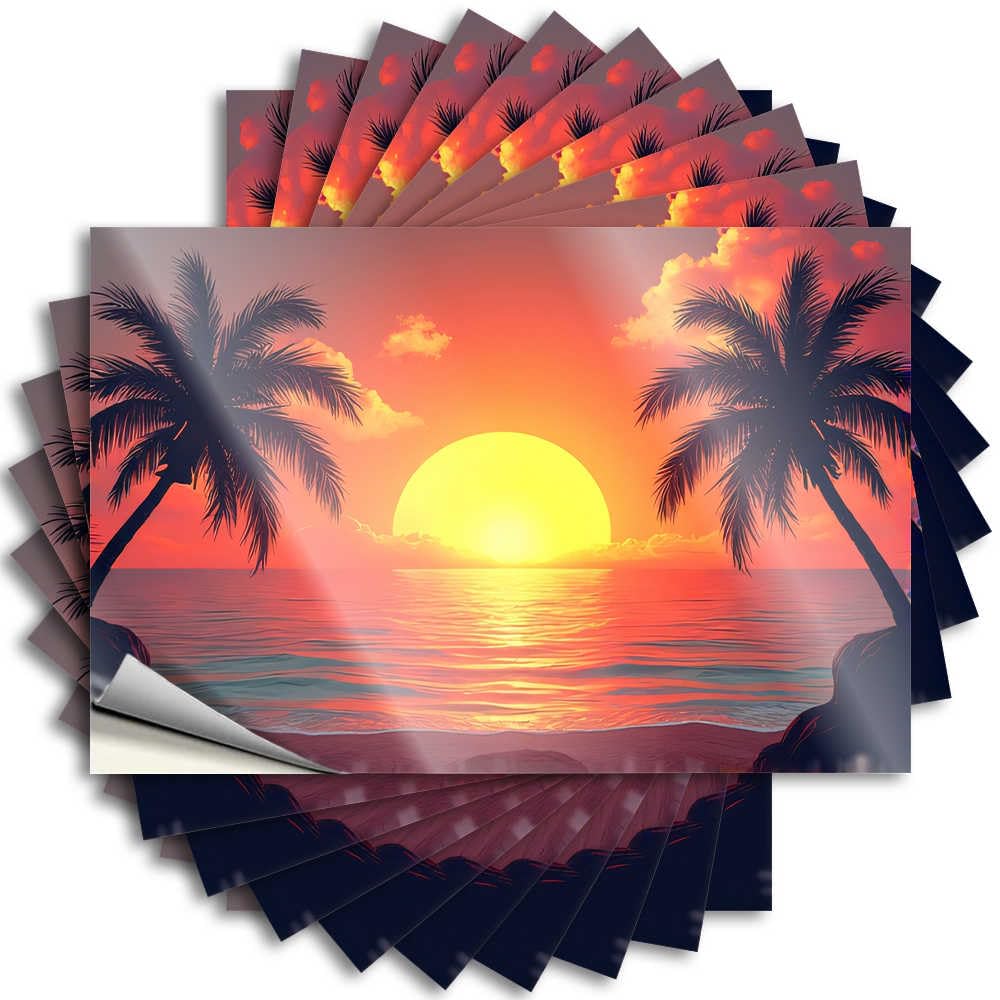 Smiley Face, Funny Sticker Helmet Sunset Palm Trees Ocean Horizon | Math Waterproof(8X12CM)