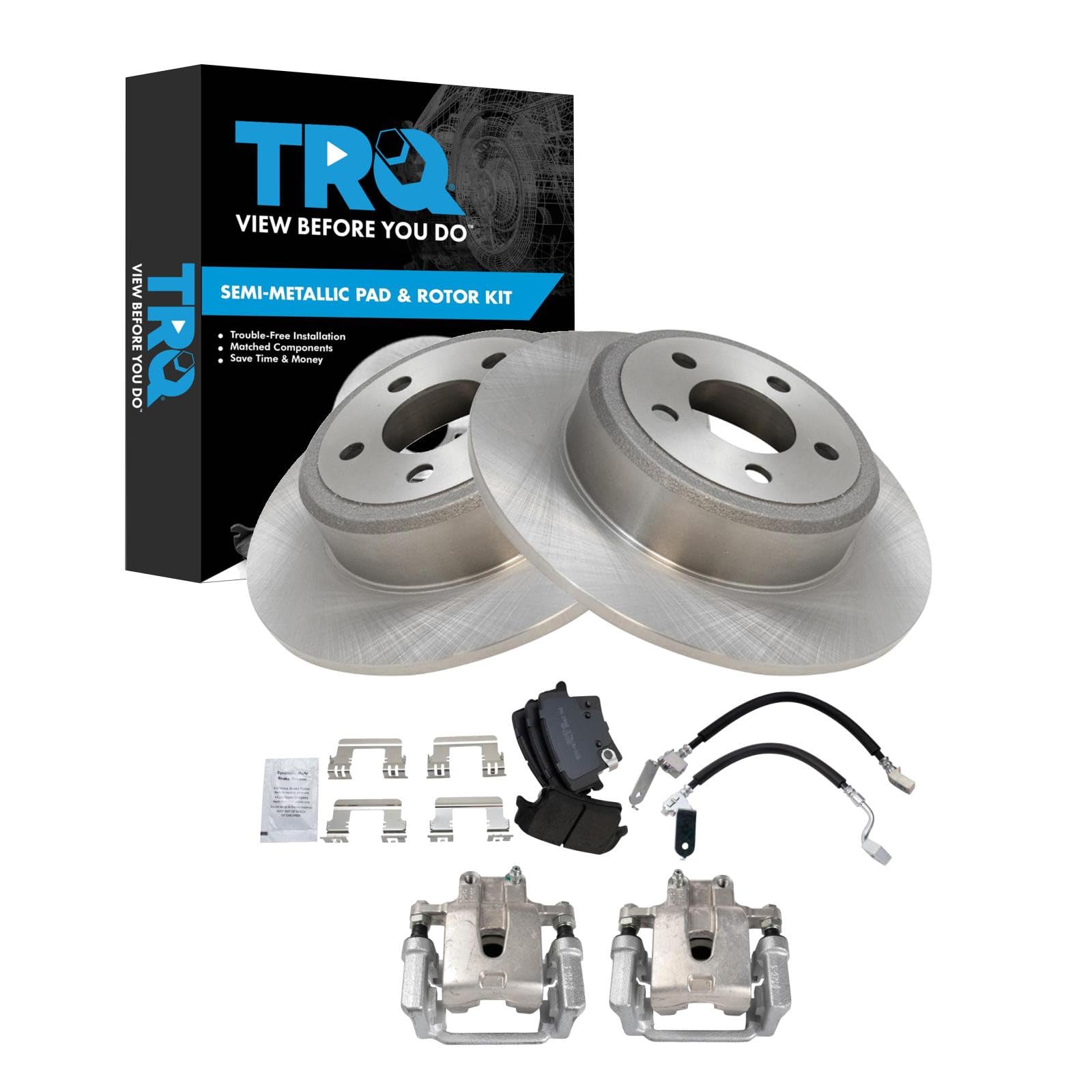 TRQ Rear Brake Pad and Rotor Set Semi Metallic Solid Rotors Calipers Compatible with 2005-2018 Chrysler 300 2010-2015 Dodge Challenger 2006-2016 Charger 2005-2008 Magnum