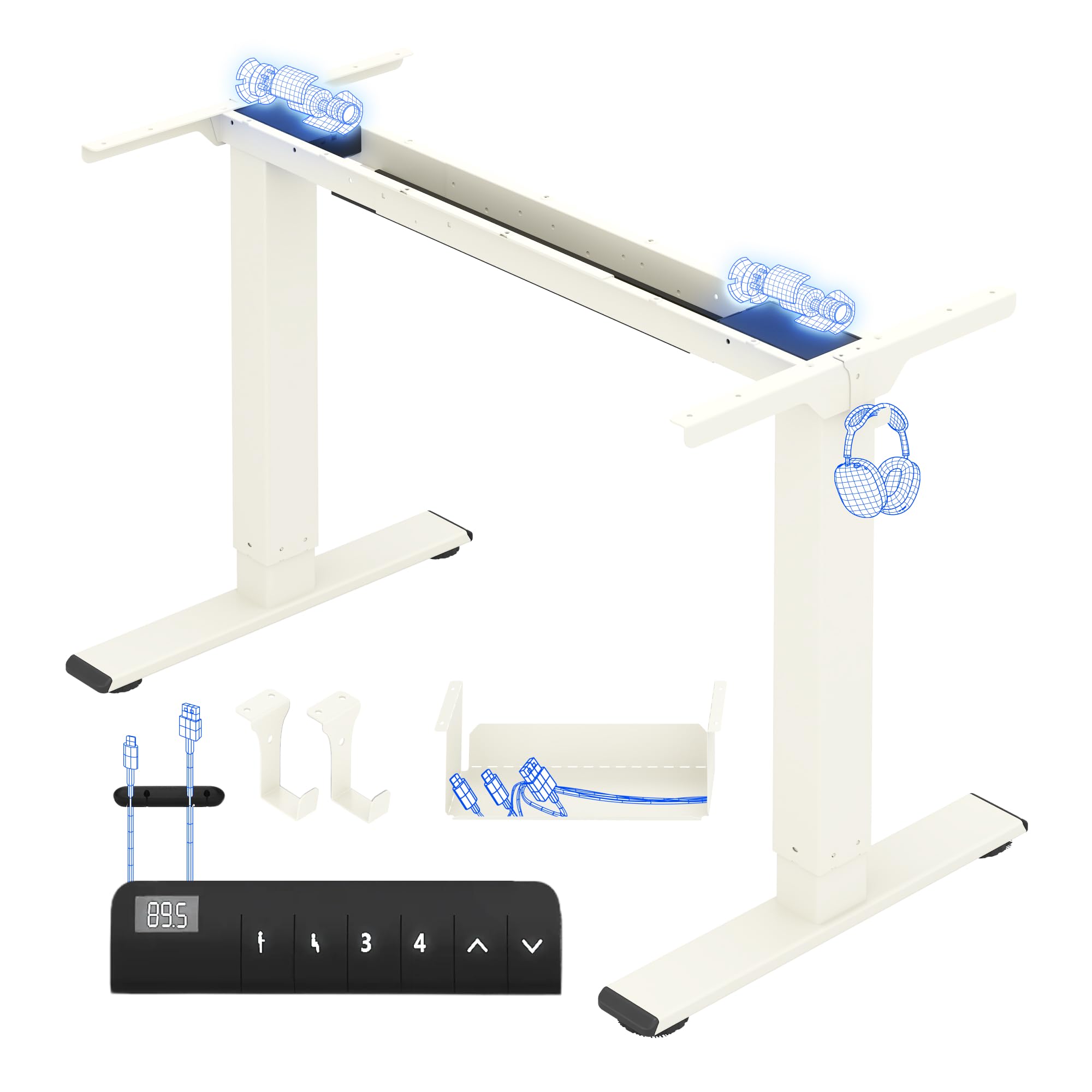 FLEXISPOT Höhenverstellbarer Schreibtisch Gestell, Elektrisch Tischbeine mit 2 Motoren & LED-Höhenanzeige & 4 Speicherfunktionen, inkl. 2 Haken & Kabelmanagement, Mousseweiß
