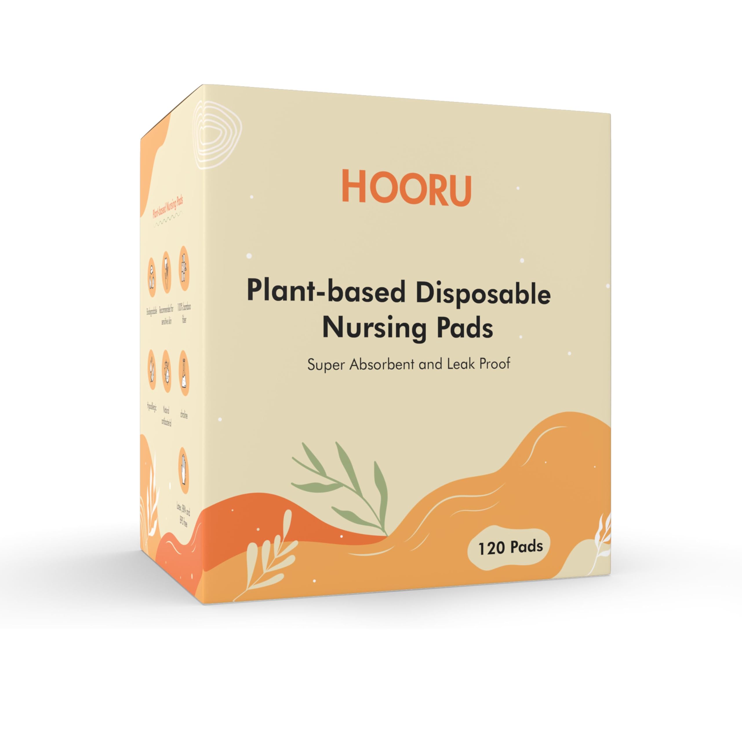 Hooru Plant Derived Disposable Nursing Pads - 120 pcs, Total Chlorine Free, Ultra-Absorbent & Leak-Proof, Soft on Sensitive Skin for Breastfeeding Moms