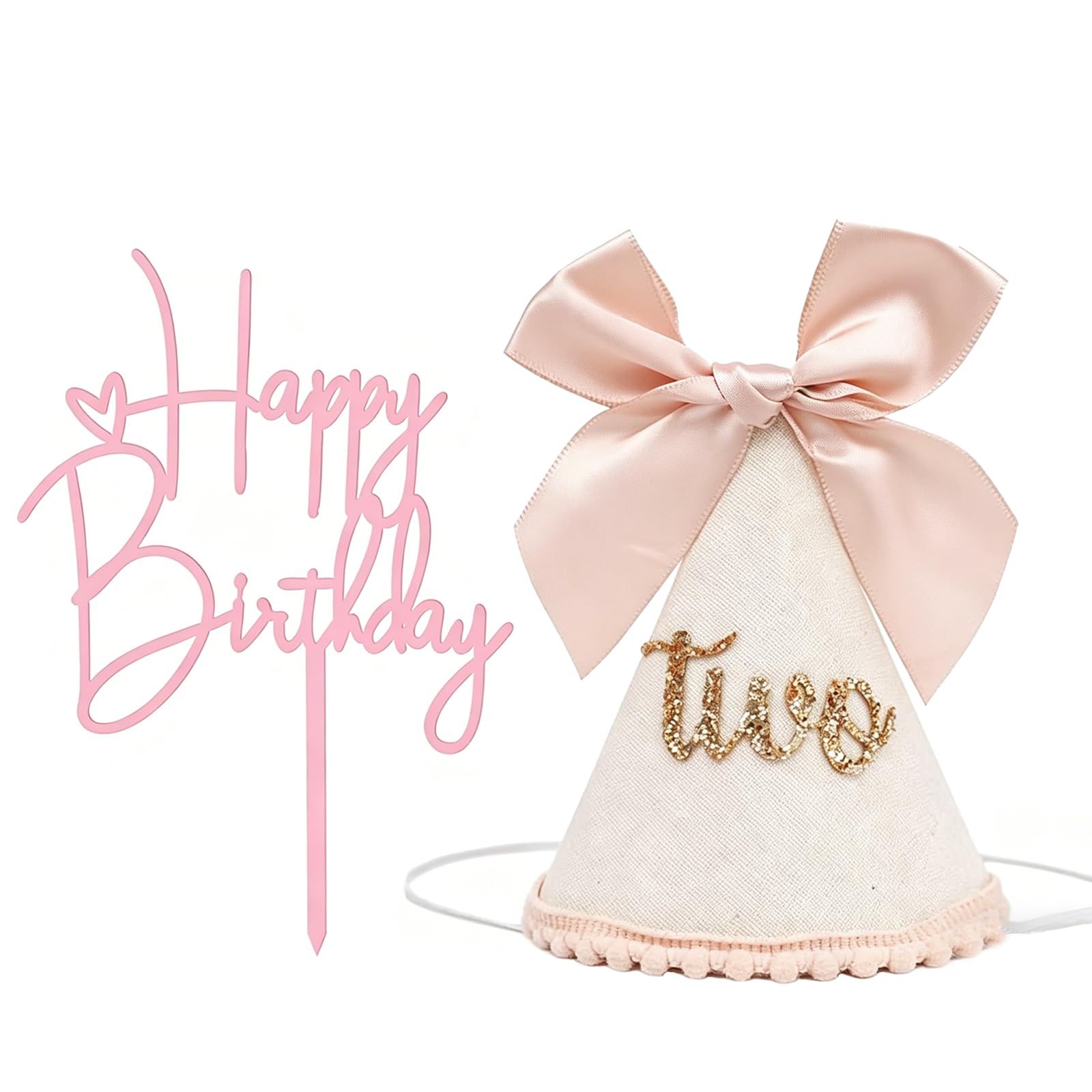 2 Pcs 2nd Birthday Decorations for Girls, Pink Cake Topper & 2nd Birthday Hat, Girls Birthday Decorations, 2nd Birthday Gifts for Girls & 2nd Birthday Outfit, 2 Year Old Birthday Decorations