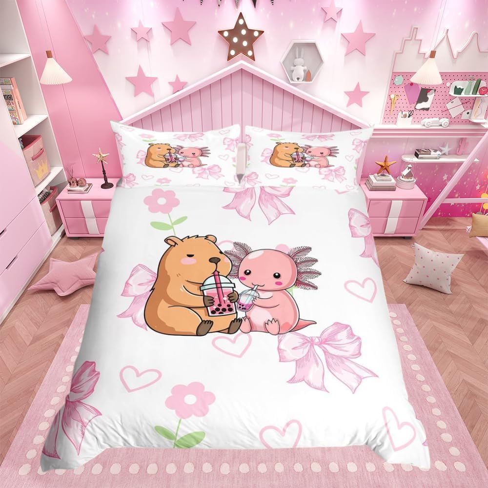 Loussiesd Girls Pink Bow Single Duvet Cover Capybara Bedding Set for Kids Cute Axolotl Comforter Cover Animal Kawaii Flower Bedspread 2Pcs Room Decor โ image 1