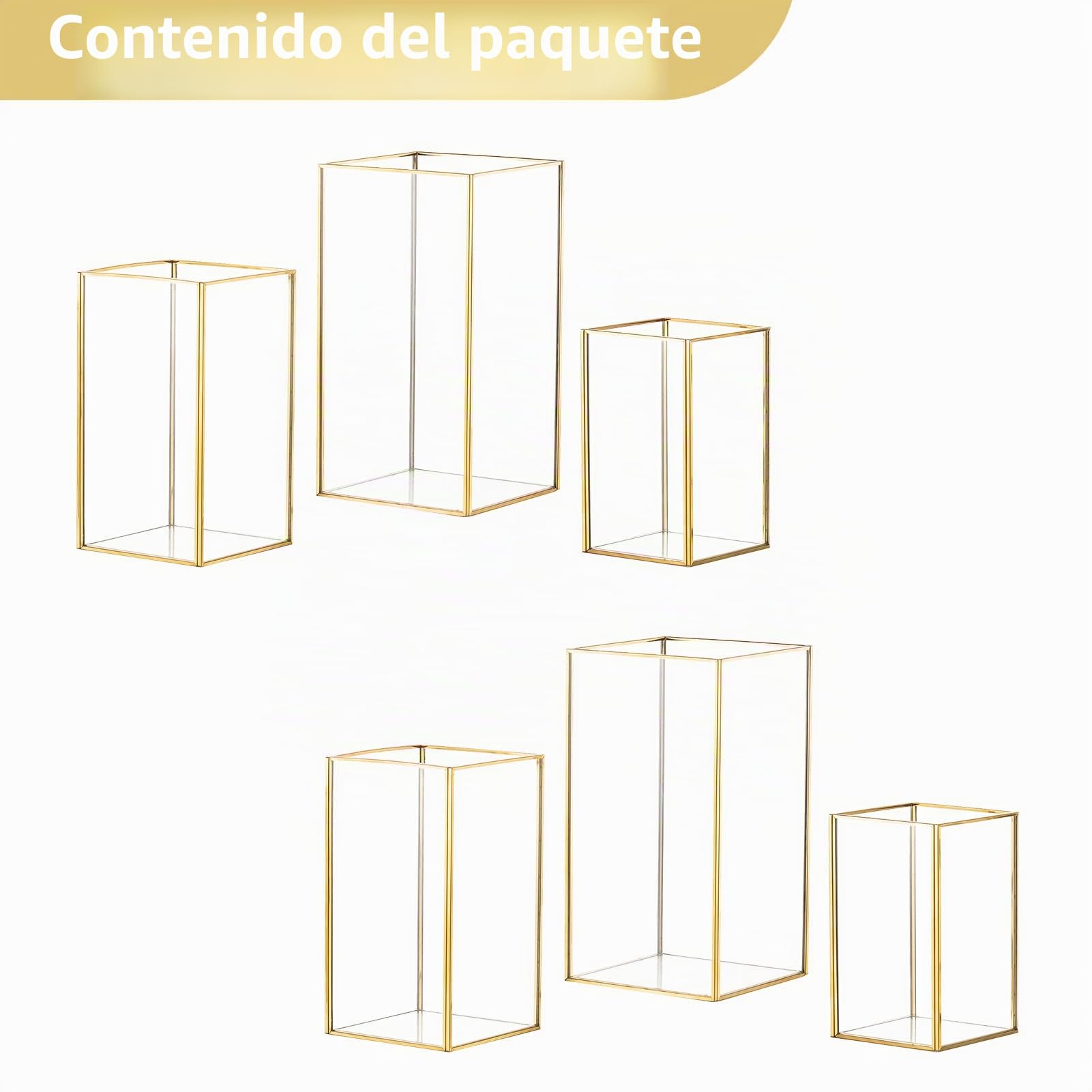 Nuptio Portavelas de Vidrio - 6 Piezas Faroles Decorativos para Velas de Pilar, Portavelas de Vidrio Templado para Boda Navidad Halloween Salón Chimenea Decoración del Hogar Oro