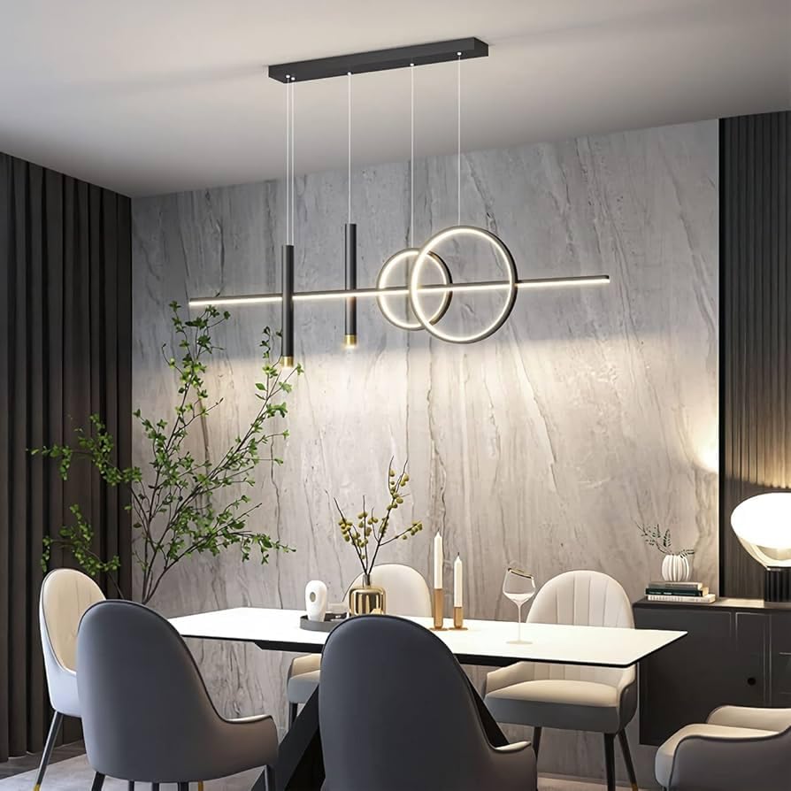 HDC Linear LED Chandelier - Modern Black Metal Bar & Ring Hanging Pendant Light for Kitchen Island, Dining Room & Office, Luxury Tricolor Decorative Ceiling Fixture-image-49