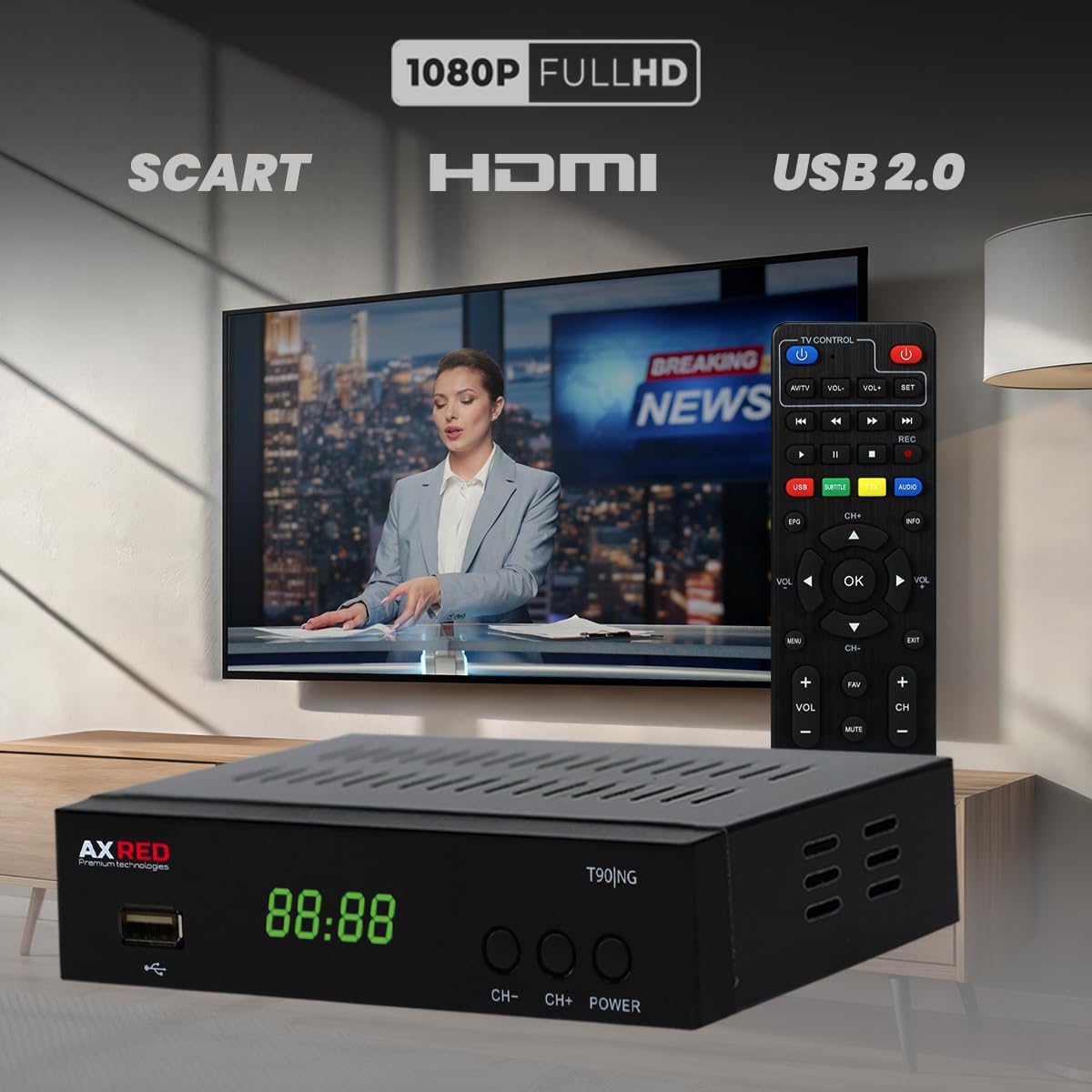 AXRED T90 HD DVB-T2 Receiver mit PVR Aufnahmefunktion, DVB-T & DVB-T2 Antennen, HDMI SCART USB