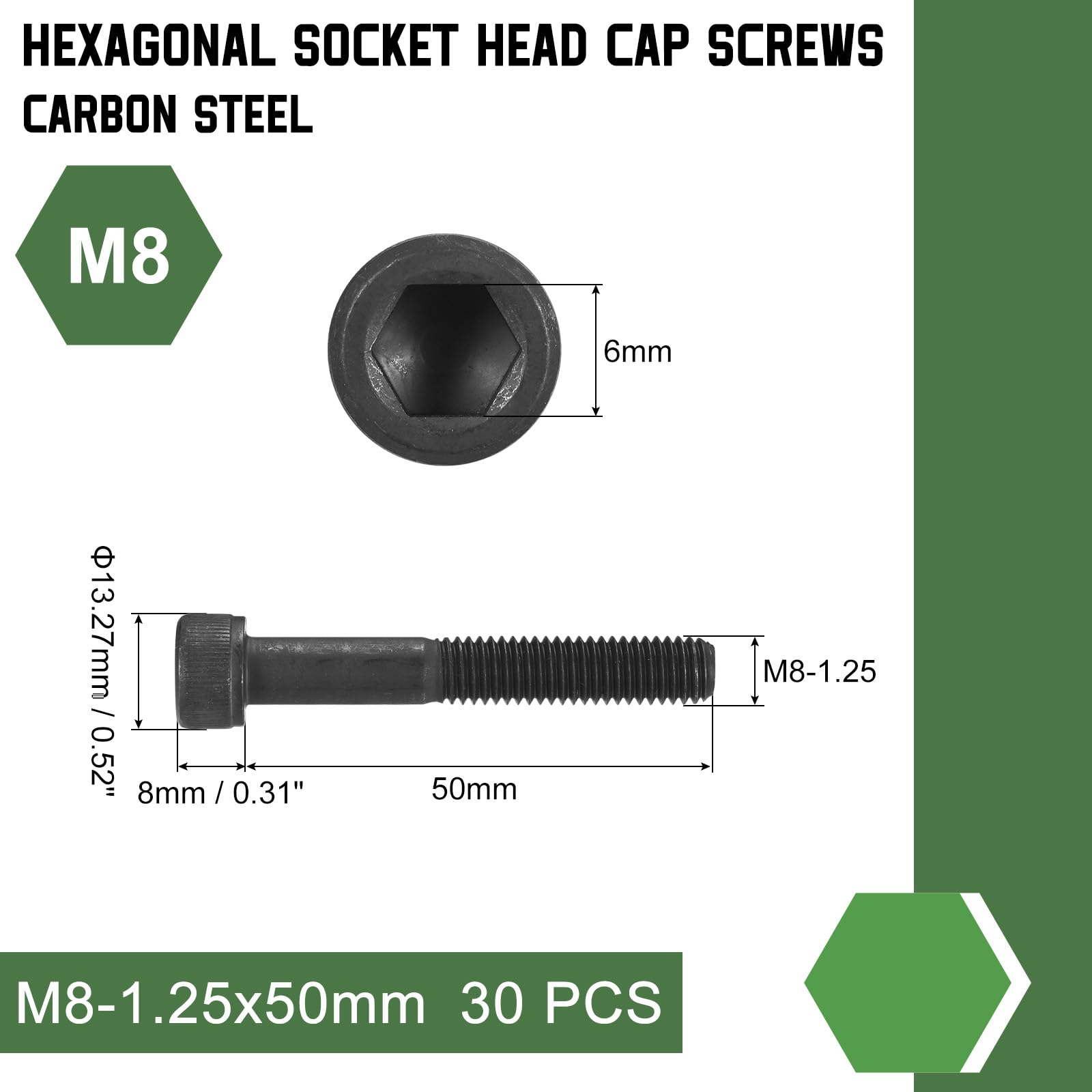 uxcell Hex Socket Bolts (M8-1.25x50), Grade 12.9 Carbon Steel Hex Socket Drive Screws, Black, 30 Pcs, M8-1.25x50mm - Image 2