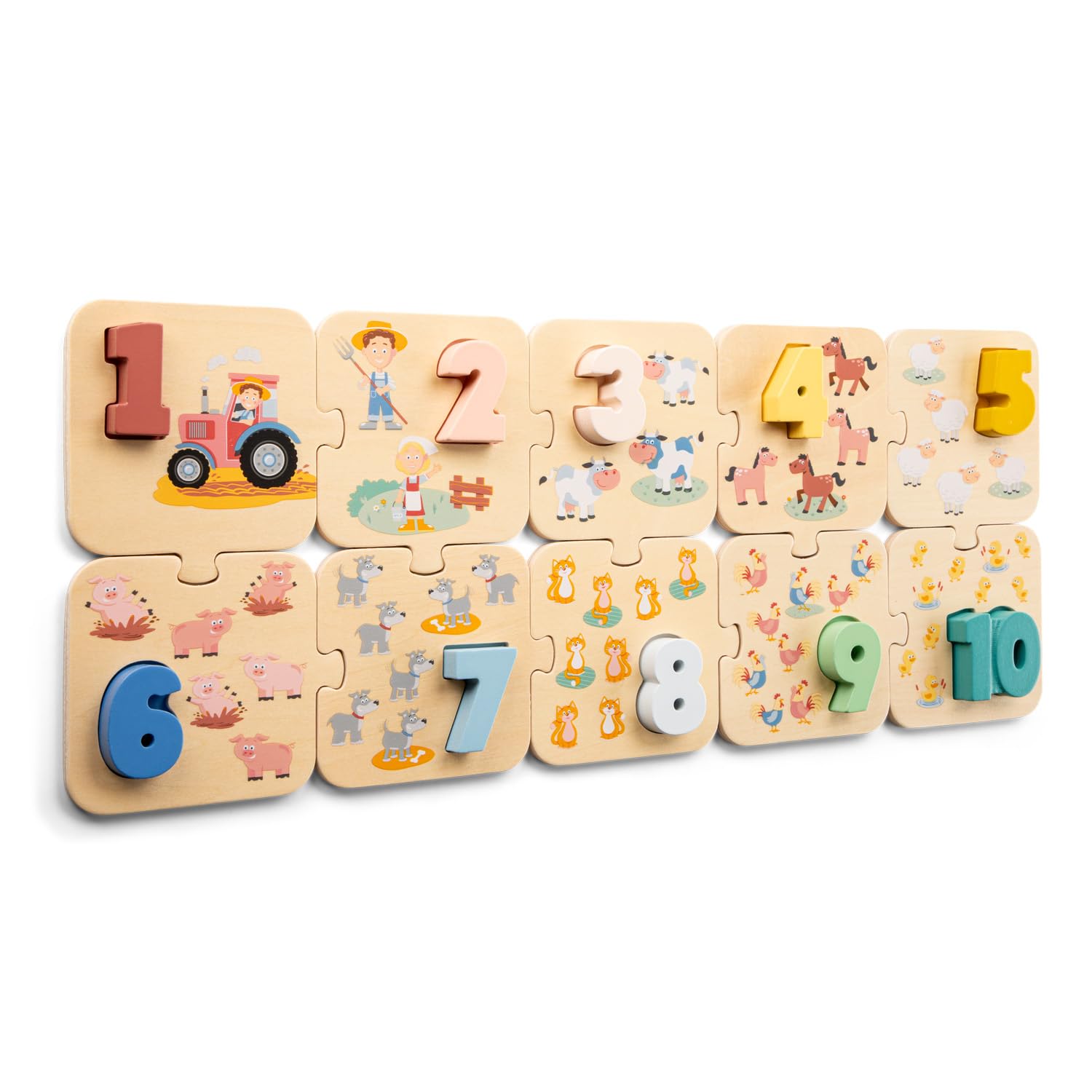 Woet – Puzzle Digitale In Legno Per Bambini – Giocattolo Risveglio Montessori Certificato Fsc – Imparare A Contare Da 1 A 10 Con Figure Colorate E Animali Della Fattoria-image
