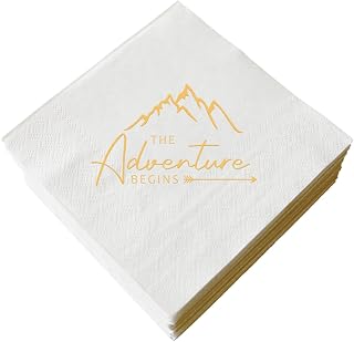 The Adventure Begins Napkins, 50 Pcs White and Gold Party Paper Cocktail Napkins for Wedding Pregnancy Announcement Baby Shower Bachelorette Engagement Graduation Bridal Shower 3-Ply