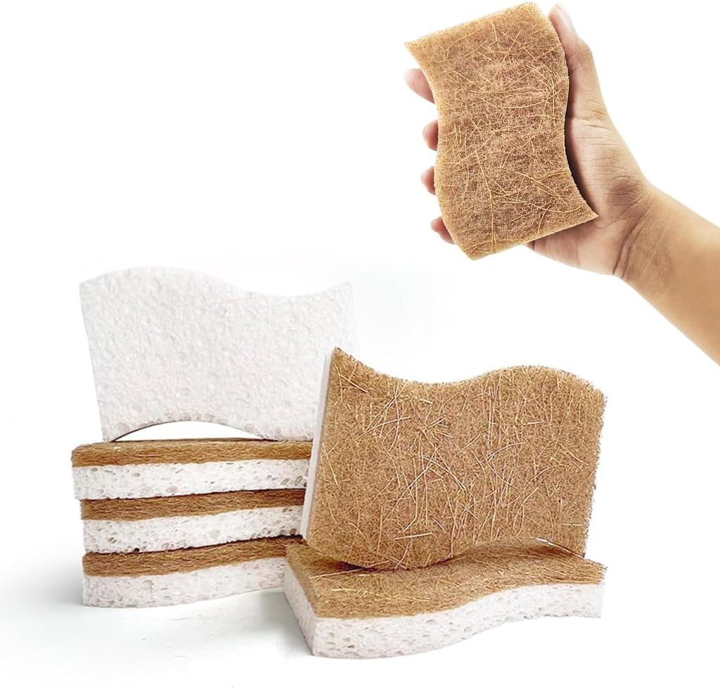 6 Pack Kitchen Sponges, Plant-Based Biodegradable Cellulose & Coconut Coir Scrub Sponges, Dual-Sided Non-Abrasive Dish Sponges for Dishes, Countertops, Sink & Bathroom Cleaning