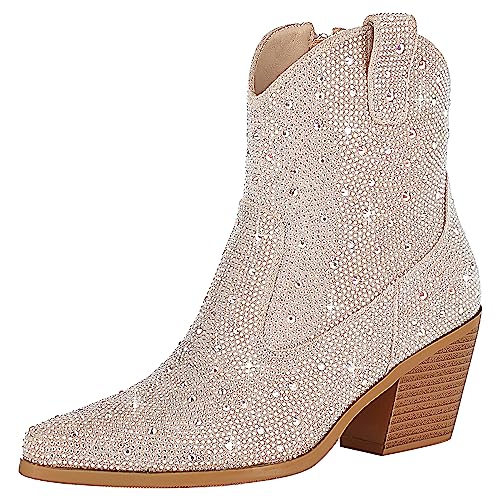Kiutsymo Women's Sparkly Ankle Boots Rhinestone Glitter Booties Pointed Toe Chunky Low Heel Cowboy Boots Apricot Size 10 #TOP27