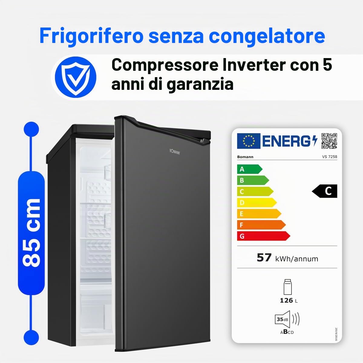 Frigorifero Bomann® senza scomparto congelatore, Classe energetica C, 85 cm, Garanzia compressore di 5 anni, Frigorifero compatto, 0-8 °C, Silenzioso 35 dB, 3 ripiani,