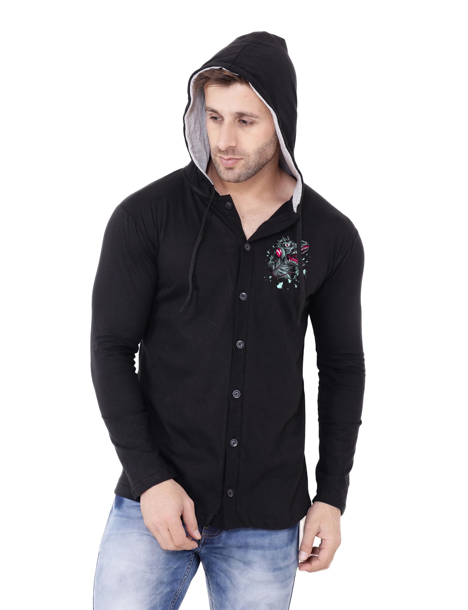Men's Solid Hooded T-Shirt with Full Sleeves & Front Button Closure | Casual Cotton Blend Slim Fit Shirt-picture-36