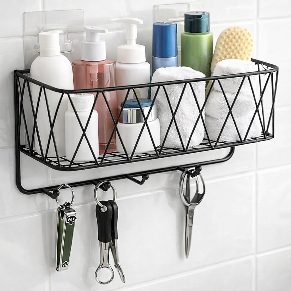 Bathroom Organiser Without Drill | Bathroom Shelf Wall Mounted Metal Shelf with Hooks | Multipurpose Wall Organizer for Keys | Kitchen, Living Room & Entryway Storage Rack