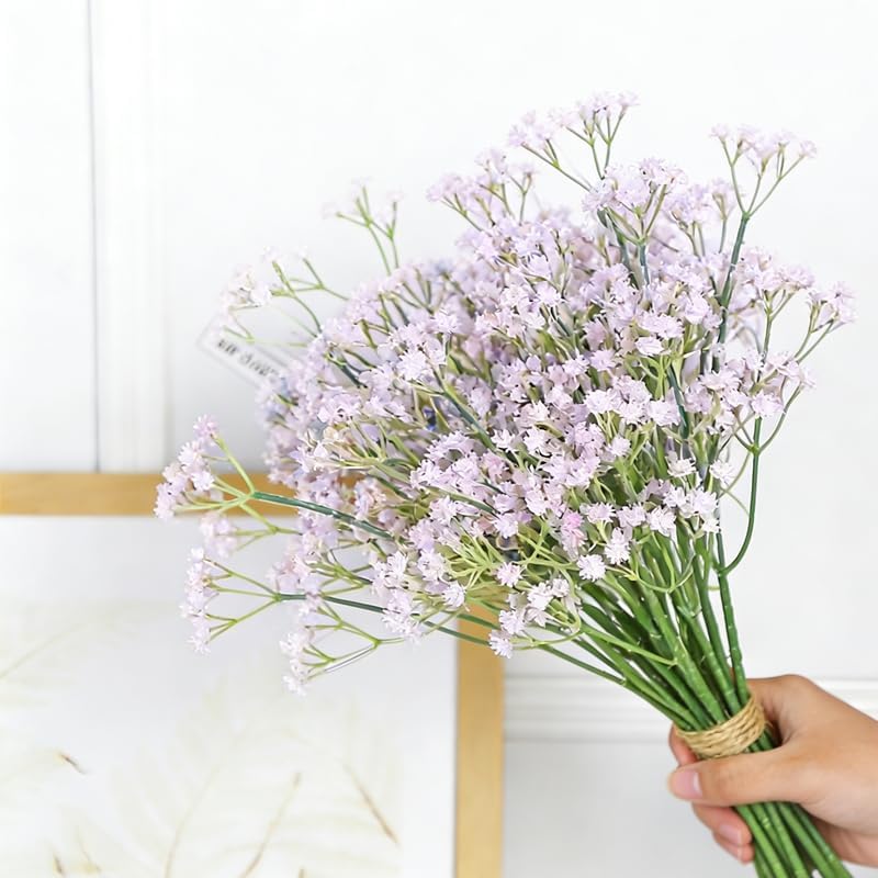 10 Pcs Babys Breath Light Purple Artificial Flowers, Real Touch Gypsophila Fake Flowers for Wedding, Home Decor, Vase Filler, Table Centerpieces, Party Decorations