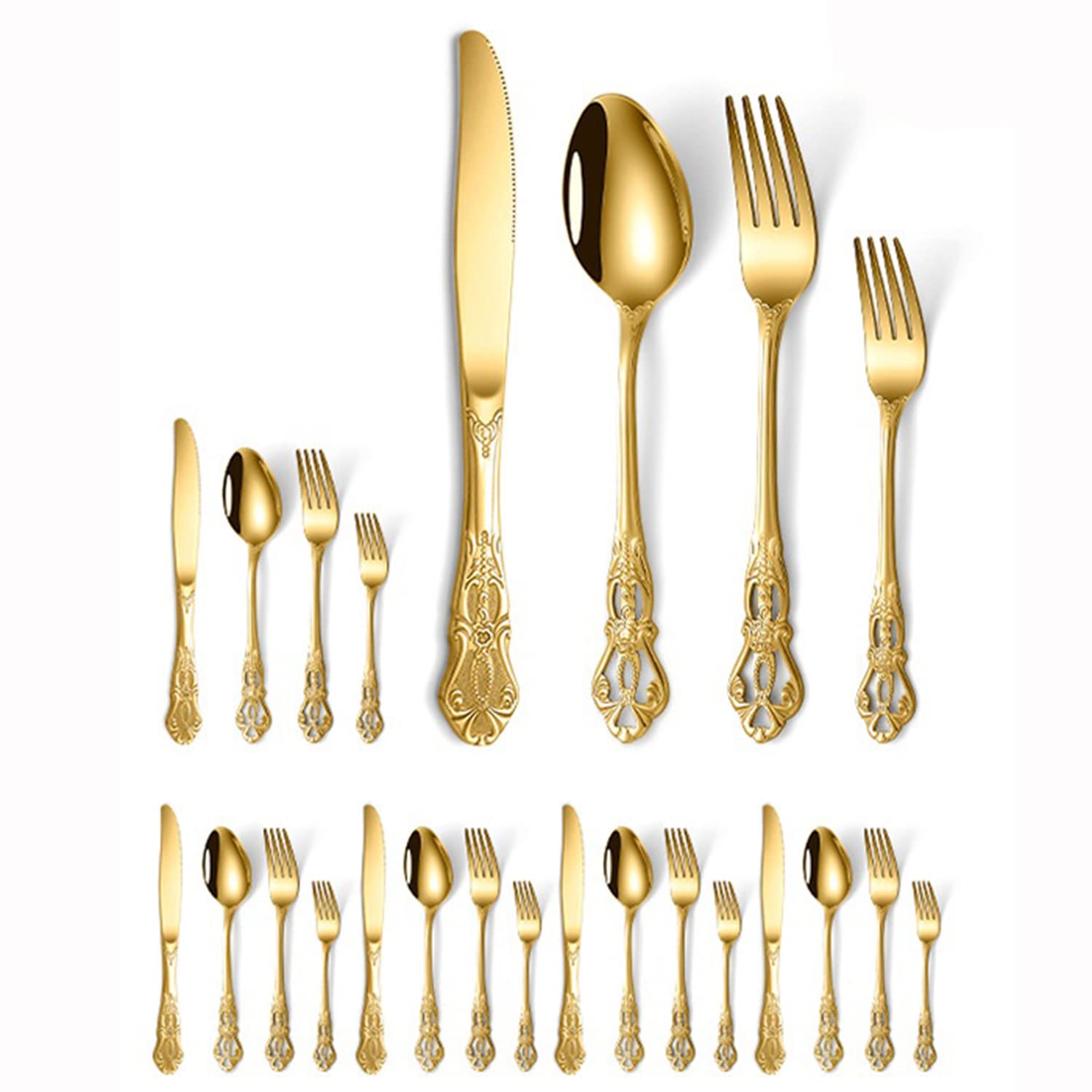 Luxurious Carving handle Piece Stainless Steel Flatware Cutlery Set,Portable Utensils,Travel Camping,Dishwasher Safe,Steak/Cheese/Butter Knife,Dessert Fork,Soup Spoons (Gold24)