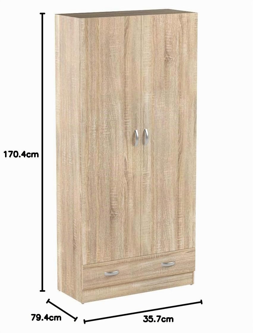 Dmora Kleiderschrank mit zwei Türen und einer Schublade, Eichenfarbe, 79 x 35 x H171 cm