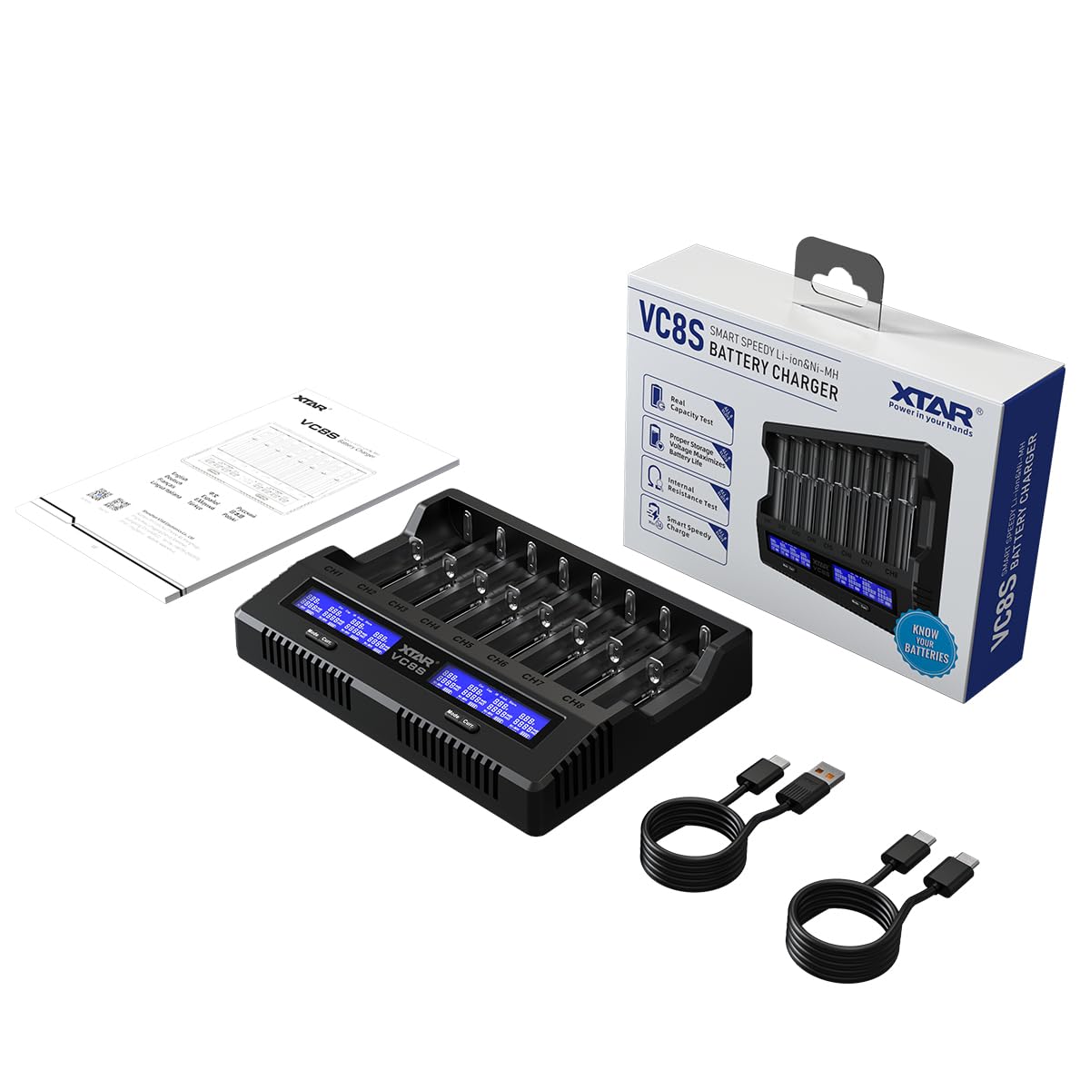 XTAR VC8S 18650 Chargeur de batterie universel, USB C, chargeur rapide avec écran LCD, test de capacité et 8 emplacements de charge pour batteries rechargeables 1,2 V AA 21700 26650, chargeur de