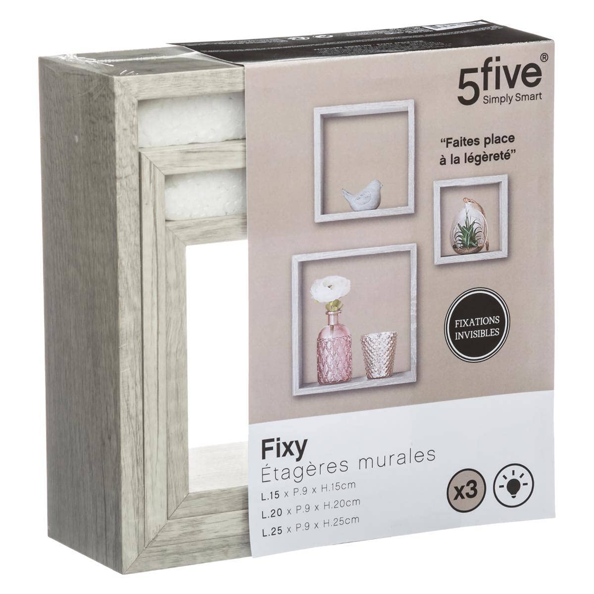 5 Five Simply Smart 5five - Lot De 3 Étagères Murales Fixy Effet Bois Naturel, 3 Tailles, Fixations Invisibles - Pour Rangement Et Décoration, Salon, Chambre, Bureau
