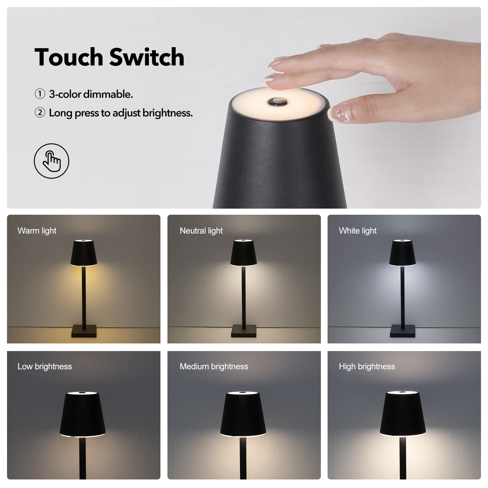 Lámpara de mesa inalámbrica LED de 15.4 pulgadas, 3 colores, regulable, color negro, luces de escritorio de 5000 mAh, batería táctil, luz nocturna recargable por USB, luz de lectura para 5