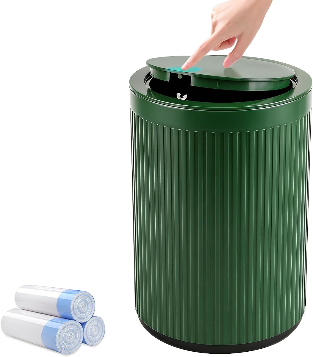 Small Bathroom Trash Can with Lid 2.1 Gallon Plastic Garbage Can Green | Sturdy Stylish Decor Trash Bin with Trash Bags Round Wastebasket with Pop-Up Lid for Kitchen Bedroom Office College Dorm