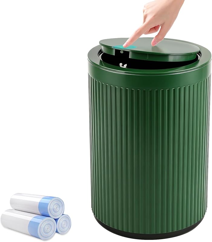 Small Bathroom Trash Can with Lid 2.1 Gallon Plastic Garbage Can Green | Sturdy Stylish Decor Trash Bin with Trash Bags Round Wastebasket with Pop-Up Lid for Kitchen Bedroom Office College Dorm