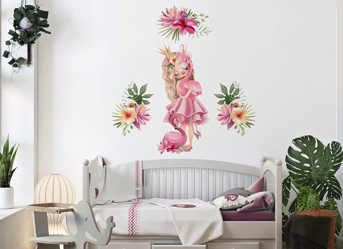 Tatuaż ścienny księżniczka z flamingiem - kwiaty korona kwiatowa obrazy dziecięce pokój dziecięcy dziewczynka naklejka na ścianę Osomhome (190 x 180 cm) os6631