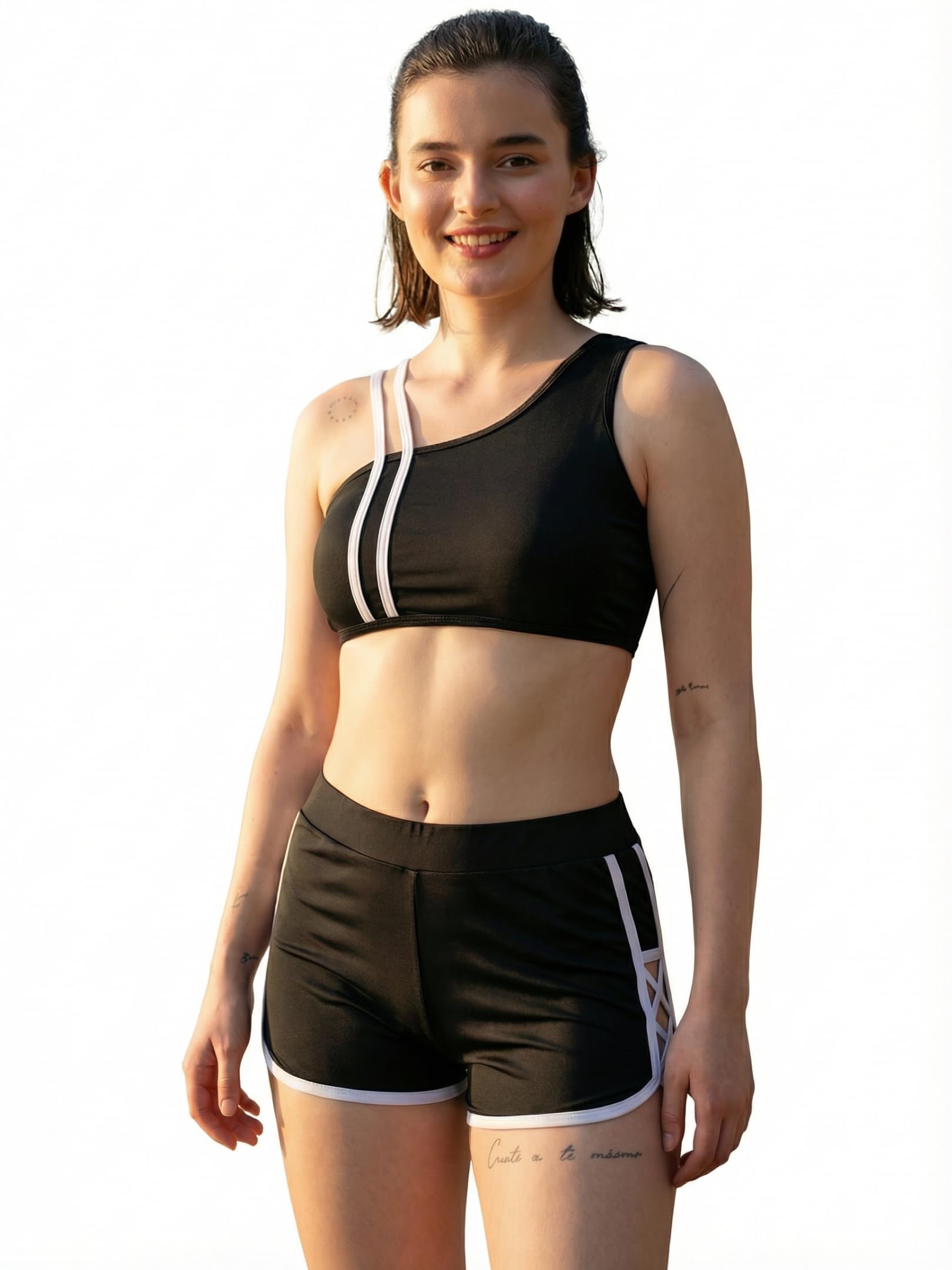 MEGASKA Women Asymmetric One Shoulder Two Piece Swimsuit with Shorts Sporty Padded Bikini Set High Waist Quick-Dry Swimwear