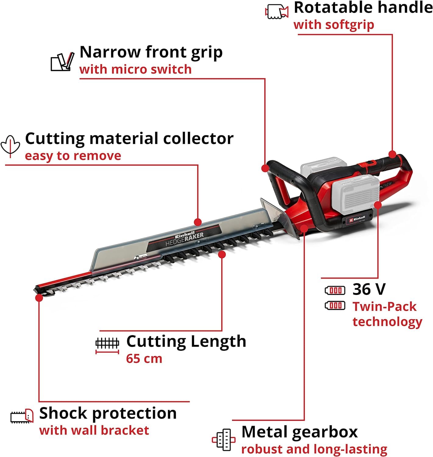 Einhell Ge-Ch 36/65 Li-Solo Power X-Change Nożyce do Żywopłotu, Czerwony/Czarny, 720 mm