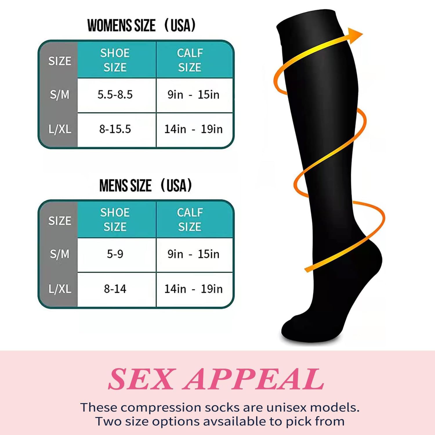Chaussettes de Compression pour Femmes et Hommes (15-20 mmHg), 8 Paires Chaussettes de Compression, Bas de Contention pour le Sport, l’Avion, le Voyage, Course, Grossesse, Médical, Athlétisme