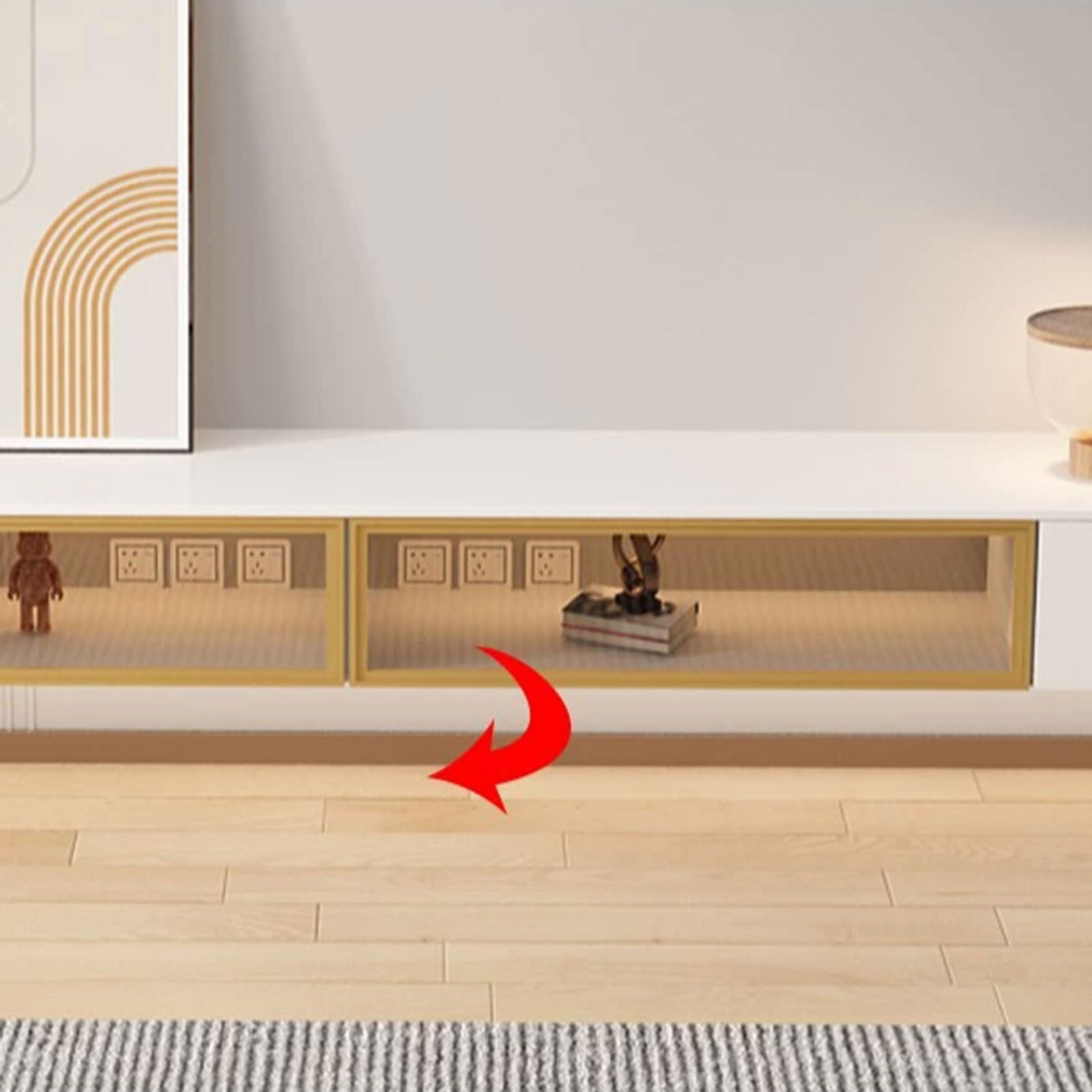 Modulo TV Soporte flotante simple y moderno for TV montado en la pared con puerta abatible de vidrio y cajones, centro de entretenimiento moderno de alto brillo de 78,7 ''/86,6 '' for debajo del telev