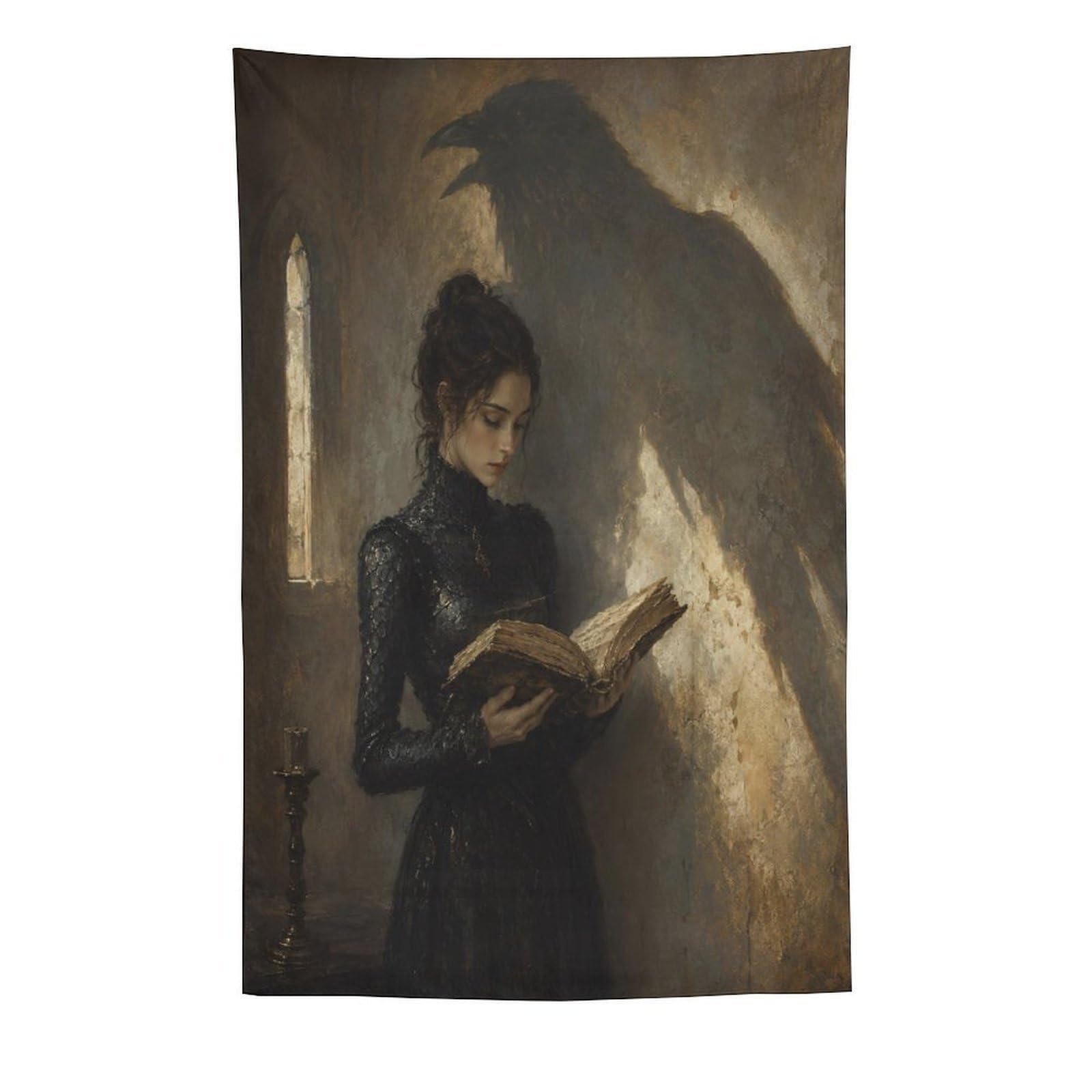 W7C8U2X3 Woman Reading Raven Shadow Wall Tapestry, Oil Painting Style, Bed