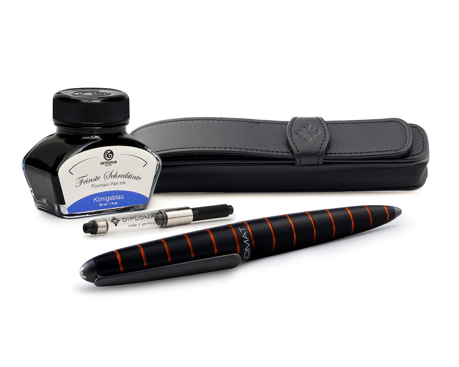 Diplomat Elox Füllhalter-Set Ring Schwarz Orange, Tinte und Lederetui