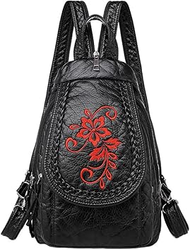Vintage Embroidered Women Backpacks Soft PU Leather Backpack Purse Small Female Travel Bag High Capacity Black Chest Packs Red Flower