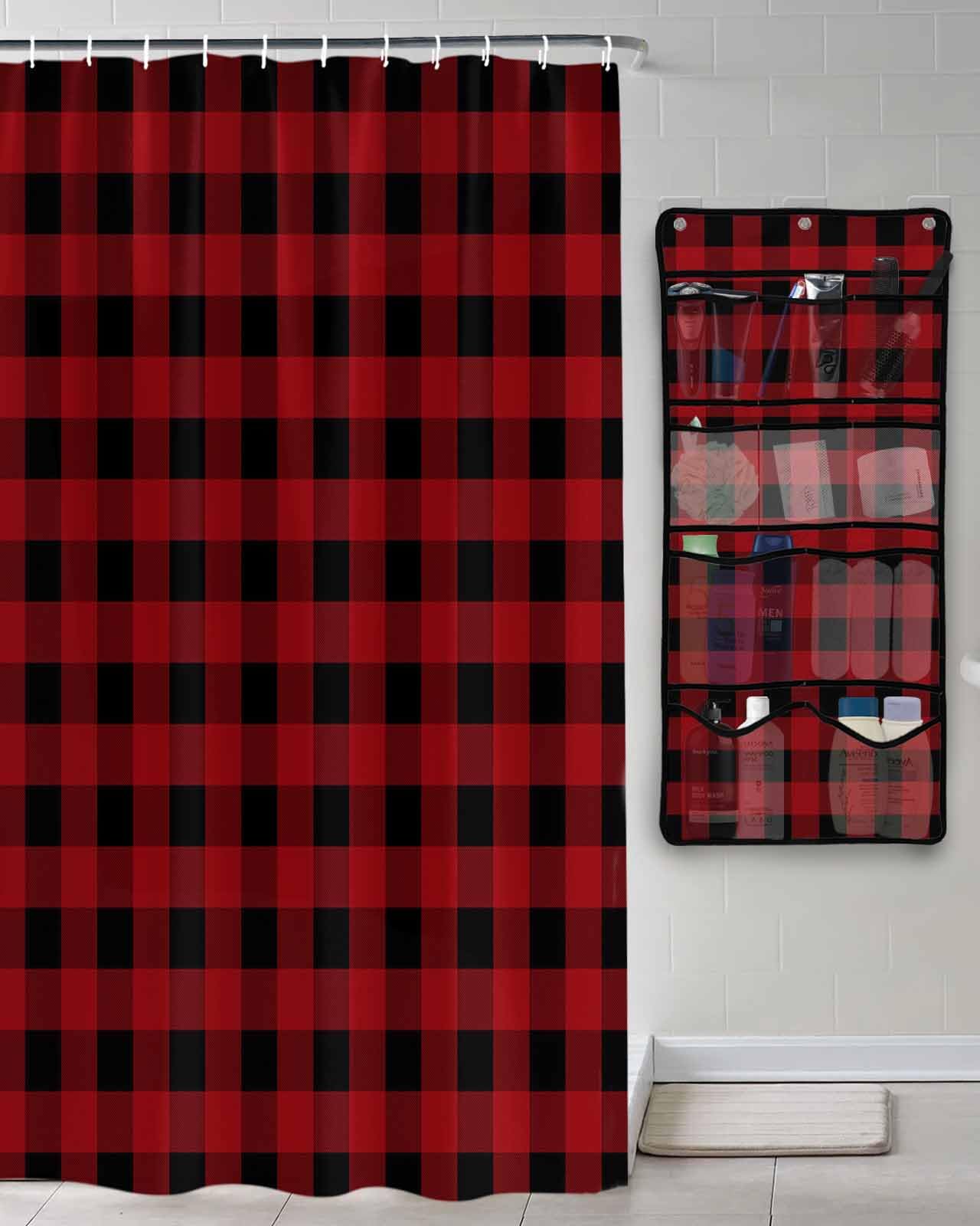 Shower Curtain Mesh Shower Organizer Hanging Set Rustic Red and Black Buffalo Plaid Waterproof Shower Curtains with 10