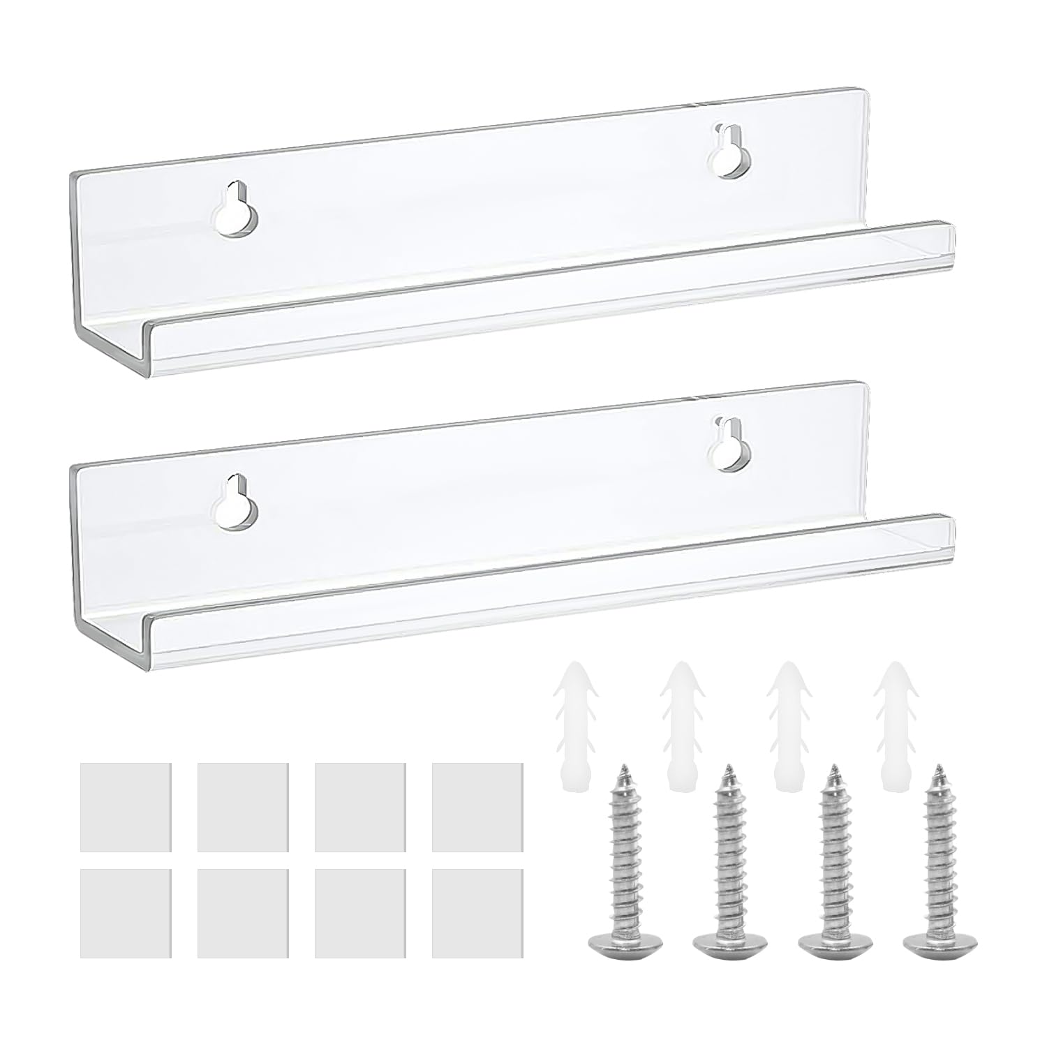 SLEEKEE 2 estantes acrílicos, particiones flotantes montadas en la pared, estantes de almacenamiento autoadhesivos, estantes de presentación de productos, adecuados para dormitorio, sala de estar,