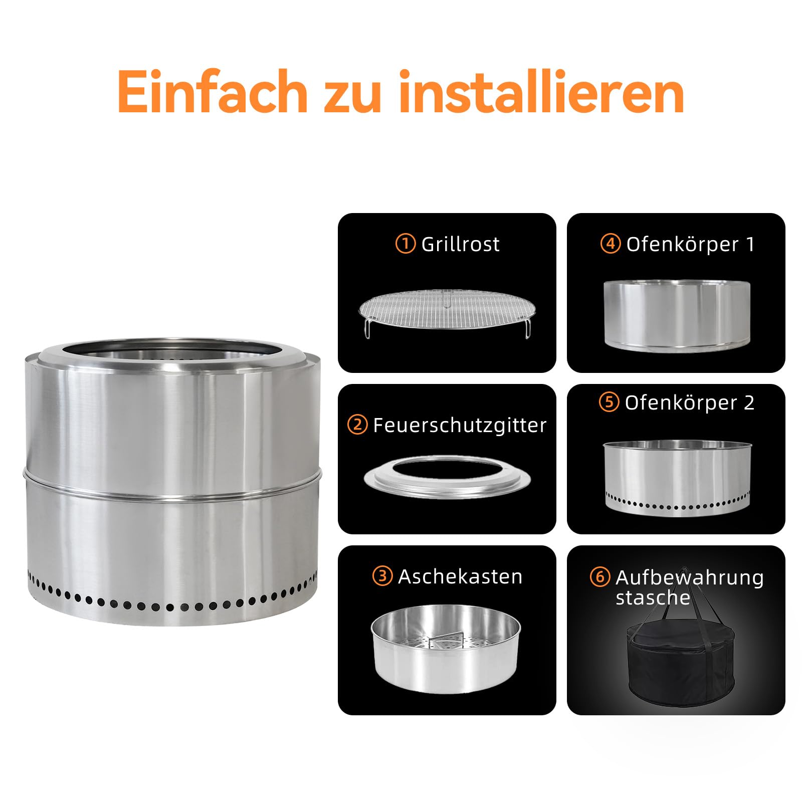 Feuerschale Edelstahl 50cm, Rauchfreie Feuerschale mit Grillrost, Aufbewahrungstasche, Abnehmbarer Aschekasten, Feuertonne, Tragbare Feuerstelle für Den Garten, Terrasse Balkon (Style 2)