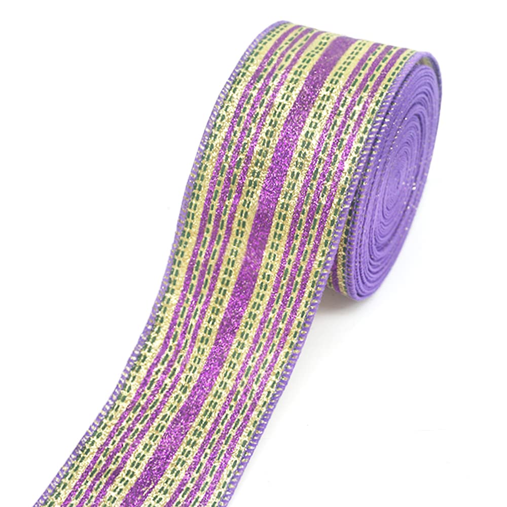 Mardi Gras Fabric Ribbons 10 Yards, Mardi Gras Gold Purple Glitter Strips Burlap Edge Wired Ribbon for Carnival Gift Wrapping Home Party Decoration