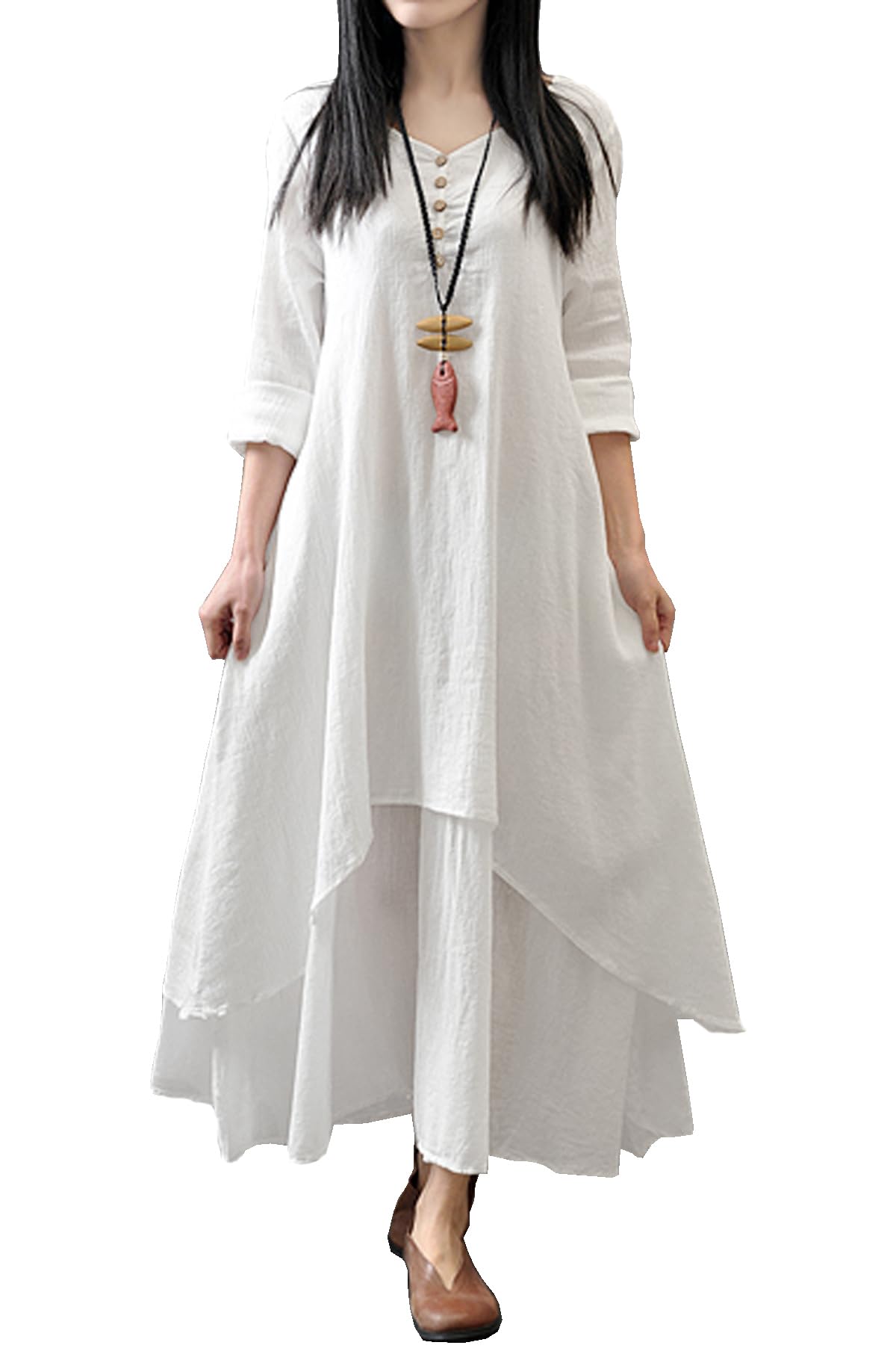 Women Long Sleeve Cotton Casual Loose Plus Size Irregular Long Dresses